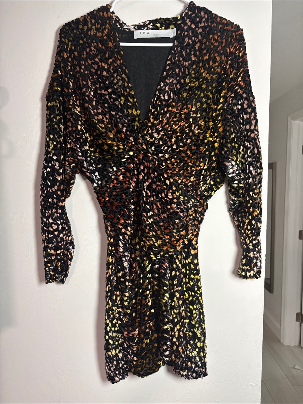 IRO Velvet Leopard Print Twist Front Dress - Black with Multicolor Spots NWOT